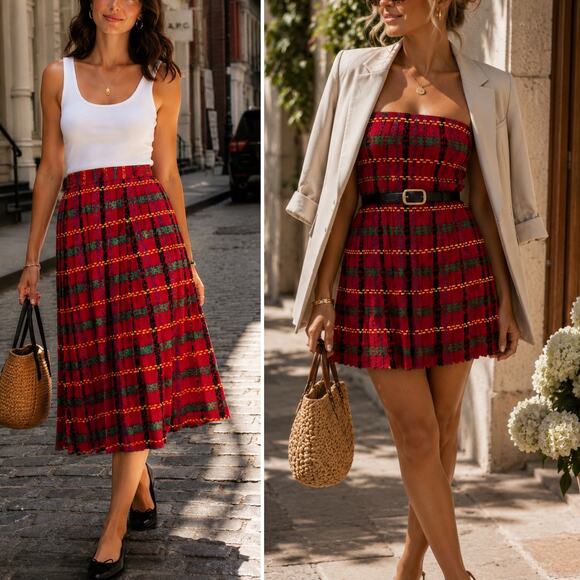 Vintage Dresses & Skirts - Vintage Andrea Gayle Plaid Pleated Midi Skirt Convertible Mini Dress S M